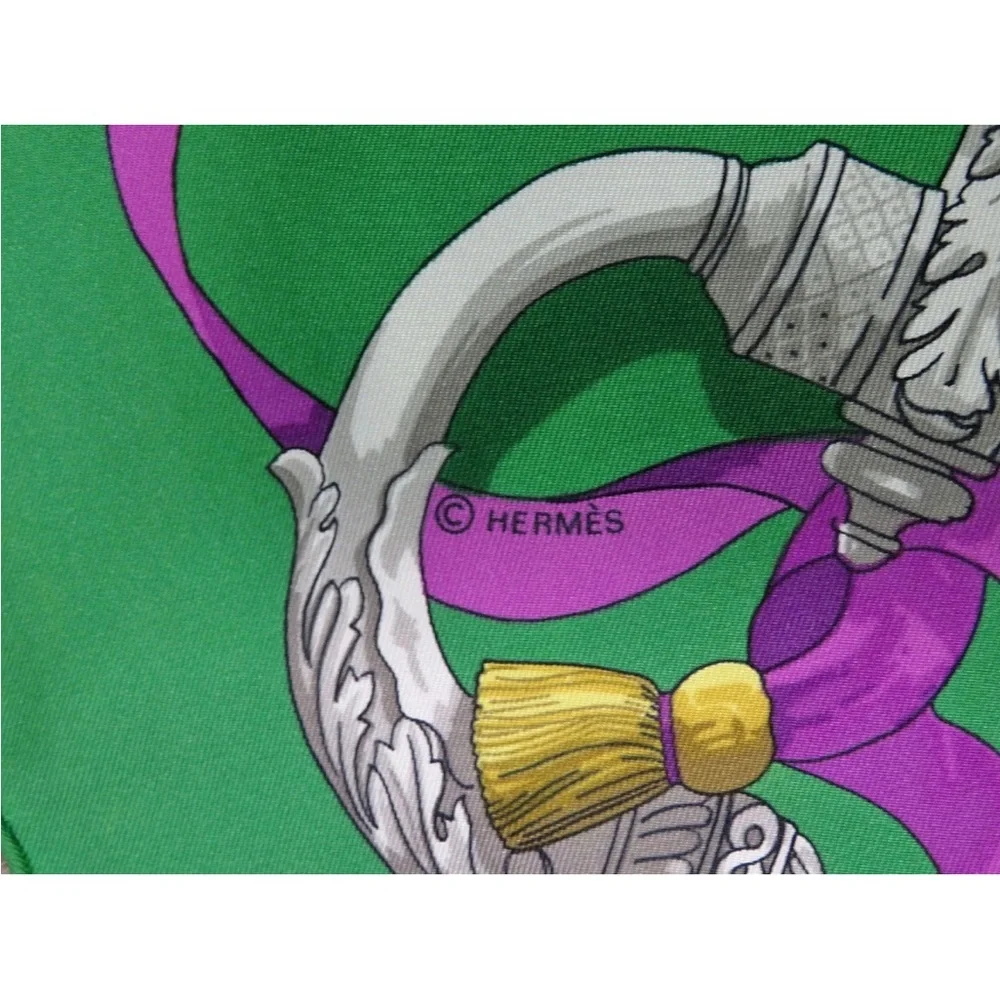 Hermes Green and Gold Scarf with Purple Accents - Picture 9 of 15